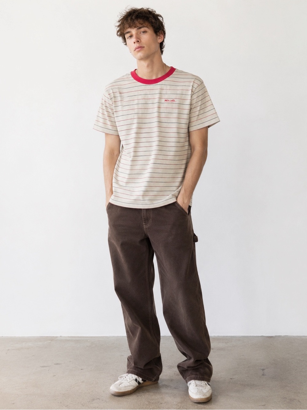 NWT Rolla's Men Tan Striped Ringer Basic Cotton T-Shirt LARGE Casual Preppy